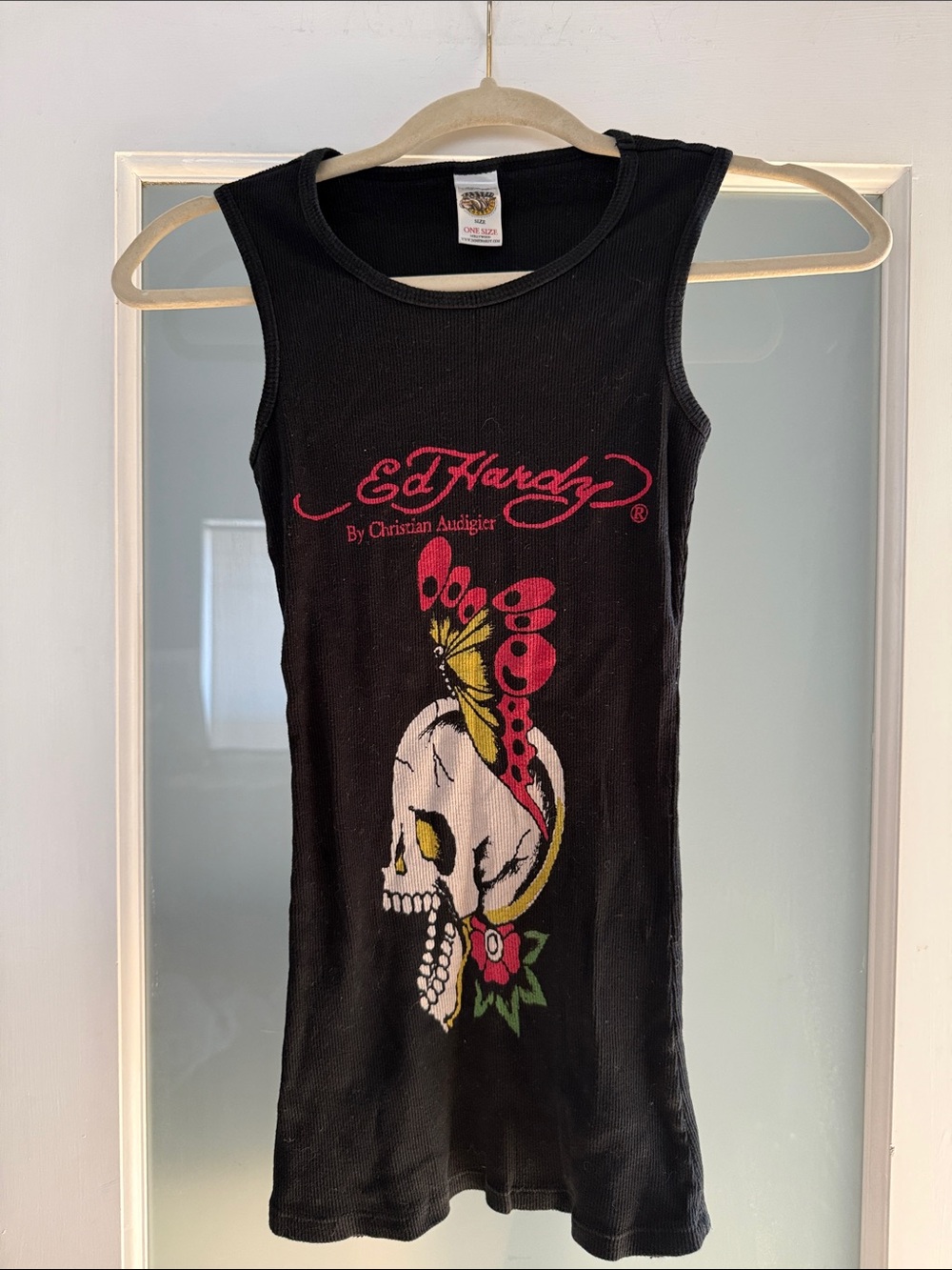 Ed Hardy Black Tank with Pink Butterfly and Yellow Skull Graphic (S/M size)